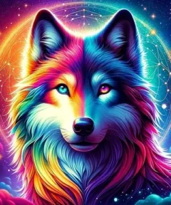 Arte de diamond painting con un lobo cósmico en vibrantes colores del arcoíris, destacando un estilo psicodélico sobre un fondo estrellado.