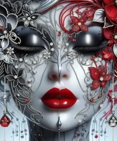 Una mujer de fantasía con rostro estilizado y maquillaje elegante muestra labios rojos y ojos cerrados con sombra oscura, adornada con detalles florales intricados en blanco y rojo, junto a perlas y gemas, en un Cuadro Máscara Floral Punto de Diamante 5D que resalta sobre un fondo neutro.