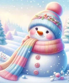 Cuadro Muñeco de Nieve Punto de Diamante 5D mostrando un adorable muñeco de nieve con bufanda y gorro multicolor decorado con flores, rodeado de un paisaje invernal brillante y nevado con árboles cubiertos de nieve.