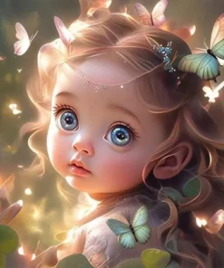 Cuadro Niña con Mariposas Diamond Painting 5D, imagen de una niña de grandes ojos azules rodeada de mariposas luminosas, destacando su expresión de asombro en un entorno mágico y colorido.