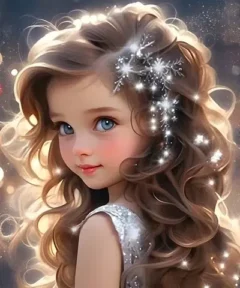 En un mágico cuadro de estilo Diamond Painting, una figura de fantasía infantil con cabellos etéreos decorados con destellos luminosos y un delicado vestido de lentejuelas resplandece en un ambiente de ensueño.