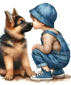 El "Cuadro Niño y Pastor Alemán Punto de Diamante" muestra a un pequeño niño vestido con un conjunto de gorro y overol azul, acercándose con ternura a un cachorro de pastor alemán, destacando una conexión inocente y pura sobre un fondo blanco.