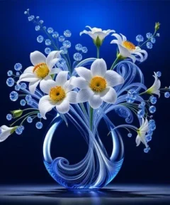 Cuadro Ramo de Flores Blancas Diamond Painting en un jarrón de vidrio transparente con formas curvilíneas, sobre un fondo azul degradado, muestra grandes flores blancas con centros amarillos, pequeñas flores azules y tallos verdes, iluminados suavemente para resaltar su belleza.