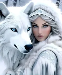 Cuadro Reina Hielo con Lobo Punto de Diamante: una mujer de fantasía con rasgos élficos, vestida en ropa invernal elegante, coronada de joyas, acompañada por un majestuoso lobo blanco de ojos azules en un paisaje nevado.