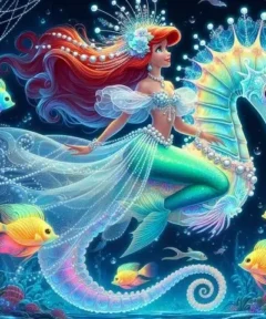 Cuadro Sirena Fantástica Diamond Painting 5D: una sirena de vibrante cabello rojo y cola escamosa verde esmeralda cabalga un majestuoso caballito de mar, rodeada de coloridos peces bajo el mar, adornada con joyas de perlas brillantes y un tocado resplandeciente.
