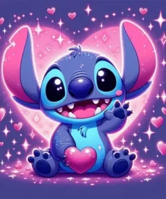 Una encantadora criatura azul de orejas grandes y ojos brillantes, rodeada de corazones rosados y destellos brillantes, sostiene un corazón en el centro de la imagen, titulada 'Cuadro Stitch Corazones Punto De Diamante 5D'.
