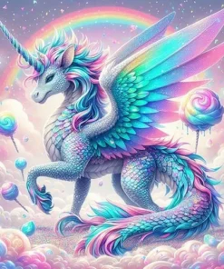 Un increíble Cuadro Unicornio con Alas Diamond Painting 5D se eleva en un paisaje de ensueño. Sus escamas brillan en tonos pastel, rodeado de nubes suaves y dulces como el caramelo mientras un vibrante arcoíris ilumina