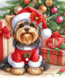 El Cuadro Yorkshire Navideño Diamond Painting 5D mostrando un adorable perro Yorkshire vestido con un gorro y suéter navideños rodeado de coloridos regalos y un árbol decorado, ideal para proyectos creativos de arte y manualidades festivas.