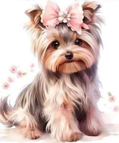 Un perro pequeño con pelaje largo y un moño rosa en la cabeza, rodeado de pequeñas flores sobre un fondo blanco, ilustra el tema 'Cuadro Yorkshire adorable Punto De Diamante'.