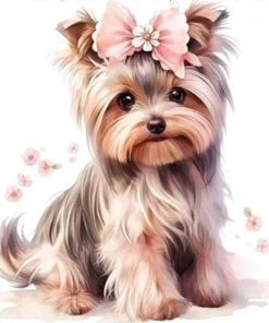 Este encantador Cuadro Yorkshire adorable Punto De Diamante luce un lazo rosa en su cabeza, rodeado de delicadas flores, destacando su apariencia adorable y tierna.