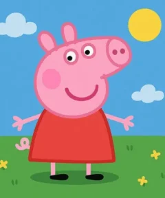 Una figura encantadora de un personaje infantil rosa con vestido rojo sonriendo en un paisaje soleado con nubes y flores, titulada 'Cuadro Peppa Pig Punto de Cruz de Diamante'.