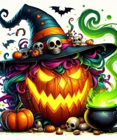 Cuadro Calabaza y Caldero Diamond Painting: una calabaza de Halloween iluminada luce un sombrero de bruja adornado con calaveras y está rodeada de murciélagos, pociones verdes humeantes en un caldero, cabellos de colores vibrantes, calaveras pequeñas y calabazas adicionales, todo sobre un fondo blanco.