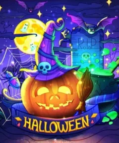 Cuadro Calabaza con Sombrero Diamond Painting: Una calabaza con cara tallada luce un sombrero de bruja morado junto a una escoba y un caldero burbujeante, con una lápida que dice "R.I.P.", murciélagos y una luna llena rodeada de telarañas, arañas y estrellas en un fondo oscuro mágico.