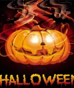Cuadro Calabaza de Halloween Diamond Painting con una calabaza tallada de cara luminosa, efectos de humo, murciélagos volando y texto "HALLOWEEN" con estilo goteante sobre un fondo oscuro.