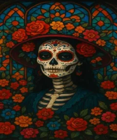 Cuadro Catrina Flores Rojas Diamond Painting: una elegante calavera adornada con intrincados patrones florales y un sombrero ancho de flores se destaca sobre un fondo de vitral colorido, enmarcada por vibrantes flores que completan una paleta de colores vivaces.