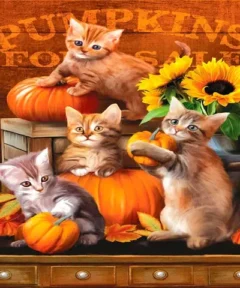 Cuatro gatitos curiosos juegan entre calabazas y girasoles en un vibrante y colorido Cuadro Gatitos con Calabazas Diamond Painting, perfecto para decorar en otoño.