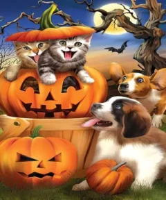 Cuadro Gatitos y Perros Diamond Painting 5D muestra a un gato dentro de una calabaza tallada con expresión facial, otro gato sobre ella, dos perros observando con atención, uno con orejas grandes, junto a una calabaza pequeña, mientras un murciélago vuela cerca de un árbol nudoso bajo la luna llena.