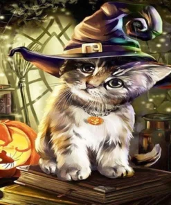 Cuadro Gato Sombrero Bruja Diamond Painting 5D