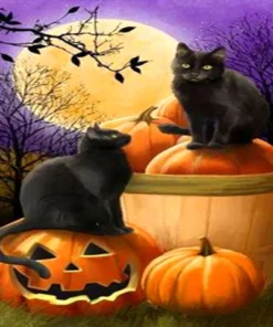 Cuadro Gato Negro Calabaza Punto de Diamante