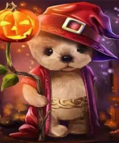 Un oso de peluche disfrazado, con un sombrero de bruja rojo y capa a juego, sostiene una varita con una calabaza iluminada, mientras luce un cinturón dorado sobre un fondo oscuro, en el "Cuadro Oso de Halloween Pintura de Diamantes".