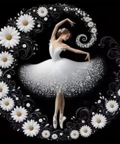 Cuadro de Bailarina con Margaritas Punto de Diamante: Una figura mágica de bailarina en pose clásica, con un vestido blanco decorado, rodeada por espirales florales de margaritas blancas que forman un patrón simétrico sobre un fondo negro, con detalles intrincados que realzan su elegancia.