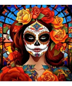 Cuadro de Calavera Catrina con Rosas Diamond Painting 5D, mostrando una figura mágica con maquillaje tradicional de calavera y rodeada de vibrantes rosas naranjas y amarillas, en un ambiente colorido similar a un vitral.