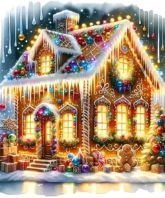 Cuadro Casa Jengibre Navideña Diamond Painting que muestra un encantador iglú de pan de jengibre adornado con ventanas iluminadas y guirnaldas de luces, acompañado de un muñeco de jengibre, árbol de Navidad decorado con regalos envueltos y bastones de caramelo, todo rodeado por una capa de nieve y decoraciones de hielo.