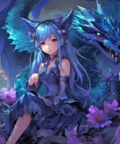 Una mística mujer de fantasía con orejas puntiagudas y cabello azul resplandeciente, se encuentra rodeada de flores púrpuras mientras un imponente dragón azul la protege, como parte del Cuadro Chica Dragón Azul Diamond Painting 5D.