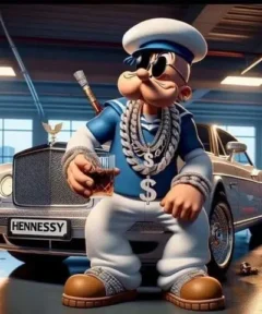 Cuadro Marinero Urbano Punto de Diamante 5D: Un personaje marinero de fantasía con un estilo urbano y moderno, lleva un uniforme azul y blanco, un sombrero náutico, cadenas de plata y sostiene una copa, posando con confianza frente a un lujoso automóvil en un garaje.