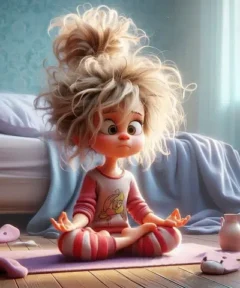 Una niña de fantasía con cabello alborotado y expresión concentrada practica yoga sentada en una alfombra rosa, en una habitación acogedora iluminada por la suave luz del amanecer, destacando en el Cuadro Niña Despeinada Yoga Diamond Painting.