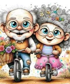 Pareja de ancianos sonrientes en bicicleta con un cesto de flores, representados en un encantador estilo de arte de fantasía estilo diamond painting 5D.