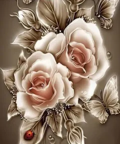 Cuadro Rosas Mariposas 5D Punto de Diamante con grandes rosas rodeadas de hojas, mariposas delicadas y una mariquita sobre un fondo marrón.