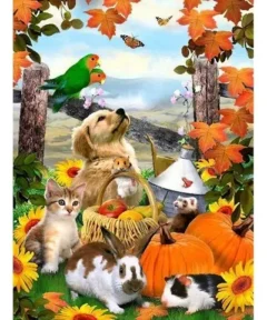 Cuadro Animales de Halloween Diamond Painting con un gato, conejos, cachorro, cobaya, hurón, papagayos, mariposas, una cesta con frutas, calabazas, girasoles y hojas otoñales frente a una valla de madera y un paisaje de fondo.