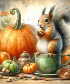 Cuadro Ardilla con Calabazas Diamond Painting: una ardilla sostiene una nuez sobre una taza verde grande, rodeada de calabazas grandes y pequeñas, una tetera de metal, piñas, nueces esparcidas y flores naranjas con un fondo de tonos cálidos y suaves.
