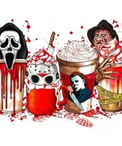 Cuatro batidos temáticos inspirados en personajes icónicos del terror con cuchillos y sangre estilizada, titulados "Cuadro Batidos de Terror Diamond Painting".