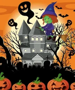 Cuadro Bruja Volando Casa Diamond Painting: Una escena mágica donde una bruja vuela en su escoba sobre una casa embrujada, rodeada de árboles sin hojas, fantasmas sonrientes, murciélagos, lápidas y calabazas iluminadas, todo en un vibrante fondo naranja.