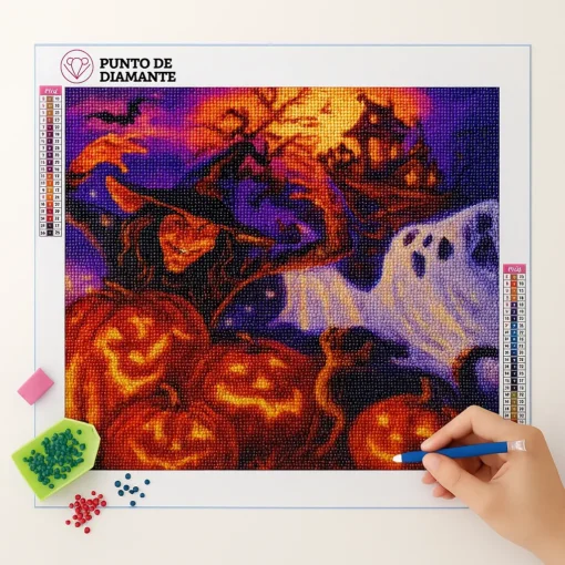 Cuadro Bruja y Calabazas Punto De Diamante - Imagen 2