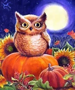 Cuadro Búho con Girasoles Pintura de Diamantes muestra un búho posado sobre calabazas rodeadas de girasoles, hojas de otoño, hierbas, y un fondo nocturno con cielo estrellado y luna llena.