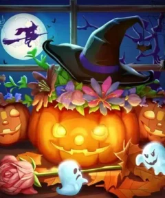 Cuadro Calabaza Sombrero Diamond Painting 5D: una calabaza tallada con expresión sonriente y sombrero de bruja, rodeada de flores coloridas, pequeños fantasmas, hojas secas y una rosa, con un fondo que muestra la luna llena, la silueta de una bruja volando y telarañas con arañas.