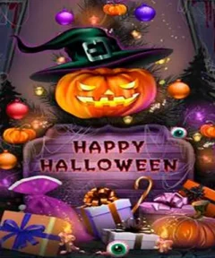 Cuadro Calabaza Bruja Regalos Diamond Painting: un árbol decorado con luces y calabazas rodea una calabaza con sombrero de bruja sobre un letrero de "Happy Halloween", complementado con regalos envueltos, pequeñas calabazas decorativas y ojos sobre un fondo oscuro con telarañas.