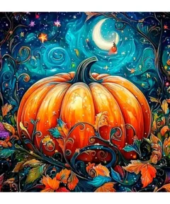 Calabaza naranja grande rodeada de hojas de varios colores y ramas enredadas con telarañas, destacando en un cielo nocturno estrellado bajo la iluminación azul y naranja de una luna creciente, adornada con pequeños puntos brillantes; "Cuadro Calabaza con Luna Punto de Diamante 5D".