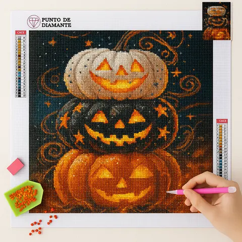 Cuadro Calabazas Apiladas Diamond Painting Imagen de 'Cuadro Calabazas Apiladas Diamond Painting' con tres calabazas talladas apiladas sobre un fondo oscuro con estrellas y espirales, destacando una herramienta de aplicación de diamantes en una mano junto a una bandeja verde con diamantes rojos y una tarjeta roja con instrucciones, el título "Punto de Diamante" en la parte superior izquierda, dos guías numéricas a los lados y una pequeña imagen de referencia en la esquina superior derecha.