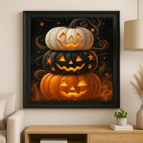 Cuadro Calabazas Apiladas Diamond Painting Cuadro Calabazas Apiladas Diamond Painting muestra un vibrante arte enmarcado con calabazas de colores blanco, negro y naranja, apiladas en un fondo oscuro decorado con estrellas y remolinos, resaltando en un ambiente moderno y elegante.