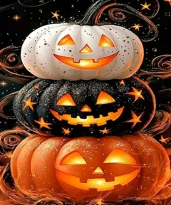 Calabazas apiladas de Halloween con caras talladas iluminadas en blanco, negro y naranja, rodeadas de un fondo oscuro con remolinos anaranjados, efectos brillantes y humo, representando el Cuadro Calabazas Apiladas Diamond Painting.