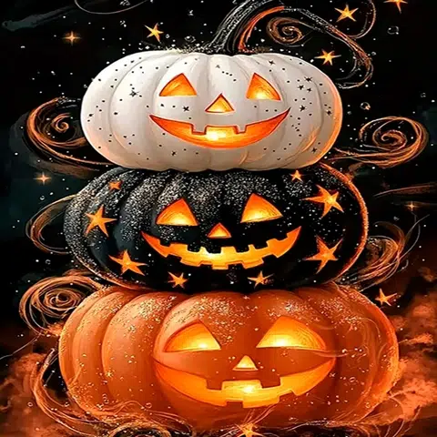 Cuadro Calabazas Apiladas Diamond Painting Calabazas apiladas de Halloween con caras talladas iluminadas en blanco, negro y naranja, rodeadas de un fondo oscuro con remolinos anaranjados, efectos brillantes y humo, representando el Cuadro Calabazas Apiladas Diamond Painting.