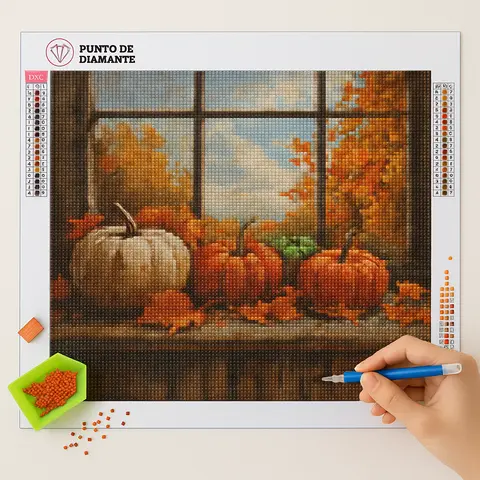 Cuadro Calabazas en Otoño Punto de Diamante 5D Una mano con bolígrafo azul trabaja en el Cuadro Calabazas en Otoño Punto de Diamante 5D, mostrando un paisaje otoñal con calabazas y un cielo parcialmente nublado visible a través de una ventana, mientras una bandeja verde contiene diamantes naranjas y una paleta de colores acompaña el lienzo.