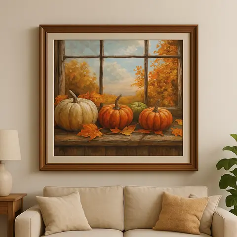 Cuadro Calabazas en Otoño Punto de Diamante 5D Sofá beige con cojines coordinados junto a una lámpara de mesa blanca y un cuadro grande enmarcado en madera que presenta tres calabazas de colores variados y hojas de otoño bajo una ventana con un paisaje otoñal, titulado 'Cuadro Calabazas en Otoño Punto de Diamante 5D'.