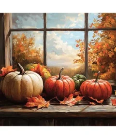 Cuadro Calabazas en Otoño Punto de Diamante 5D muestra calabazas de distintos tamaños sobre un alféizar de ventana de madera, rodeadas de hojas caídas, con un paisaje otoñal de árboles y un cielo nublado visible a través de la ventana.