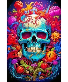 Cuadro Calavera Azul Flores Diamond Painting: Un vibrante cráneo azul rodeado de flores multicolores y enredaderas verdes, detalladamente resaltado en un fondo oscuro con patrones ondulados y contrastes en rojo y morado.