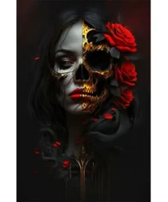 Una figura mágica con un rostro mitad calavera dorada y mitad humana, adornada con rosas rojas vibrantes que contrastan con el fondo oscuro, representando el Cuadro Calavera Dorada Rosas Diamond Painting.